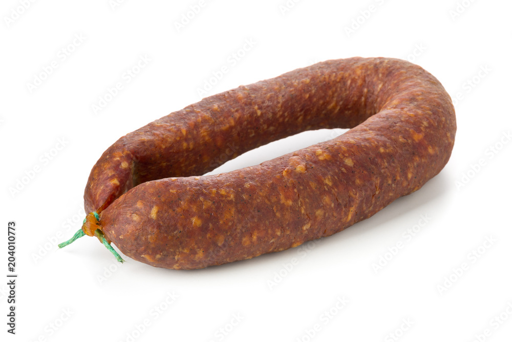 German specialty salami hard cured sausage whole over white German specialty salami hard cured sausage whole over white