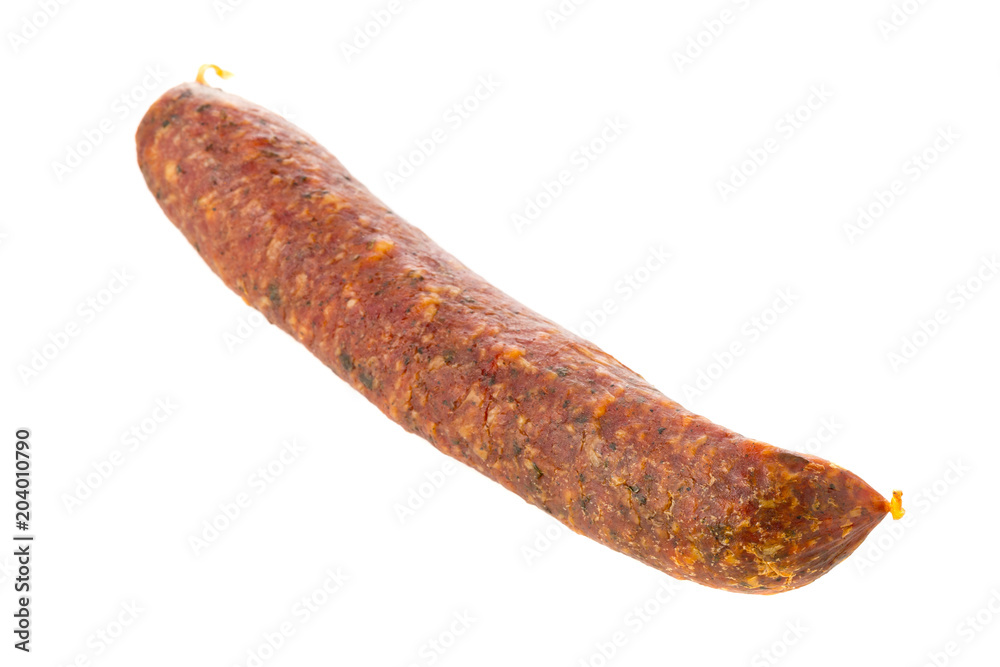 German specialty salami hard cured sausage whole over white German specialty salami hard cured sausage whole over white