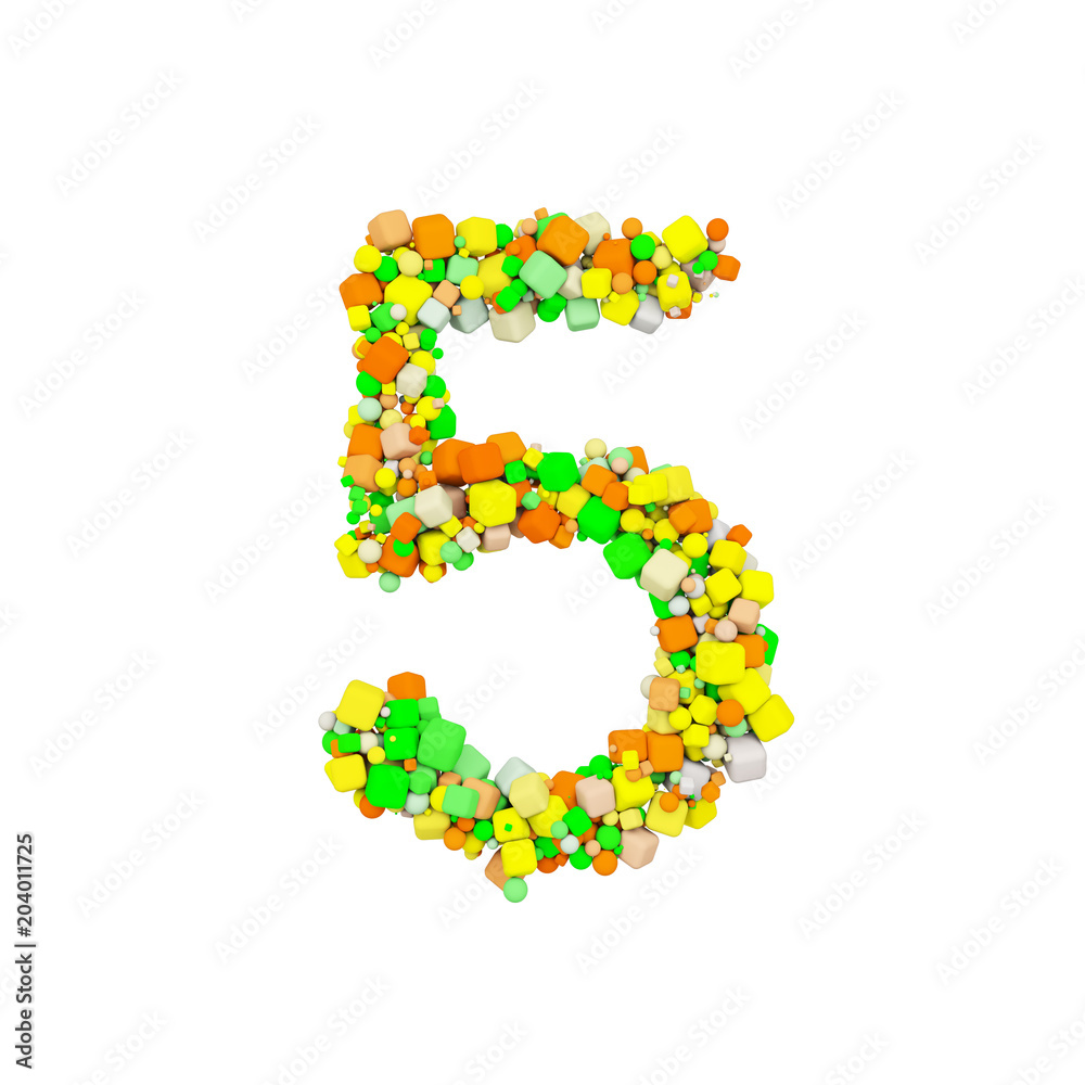 Alphabet number 5. Funny font made of orange, green and yellow shape cube. 3D render isolated on white background.