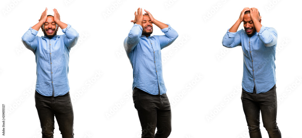 Obraz premium African american man with beard terrified and nervous expressing anxiety and panic gesture, overwhelmed