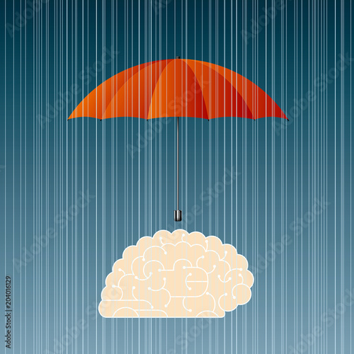 Big creative design concept, brain protected by umbrella.