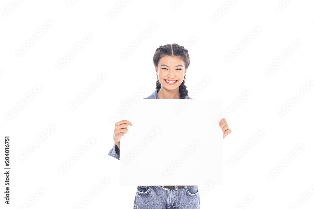 portrait of smiling teenager with blank banner in hands isolated on white