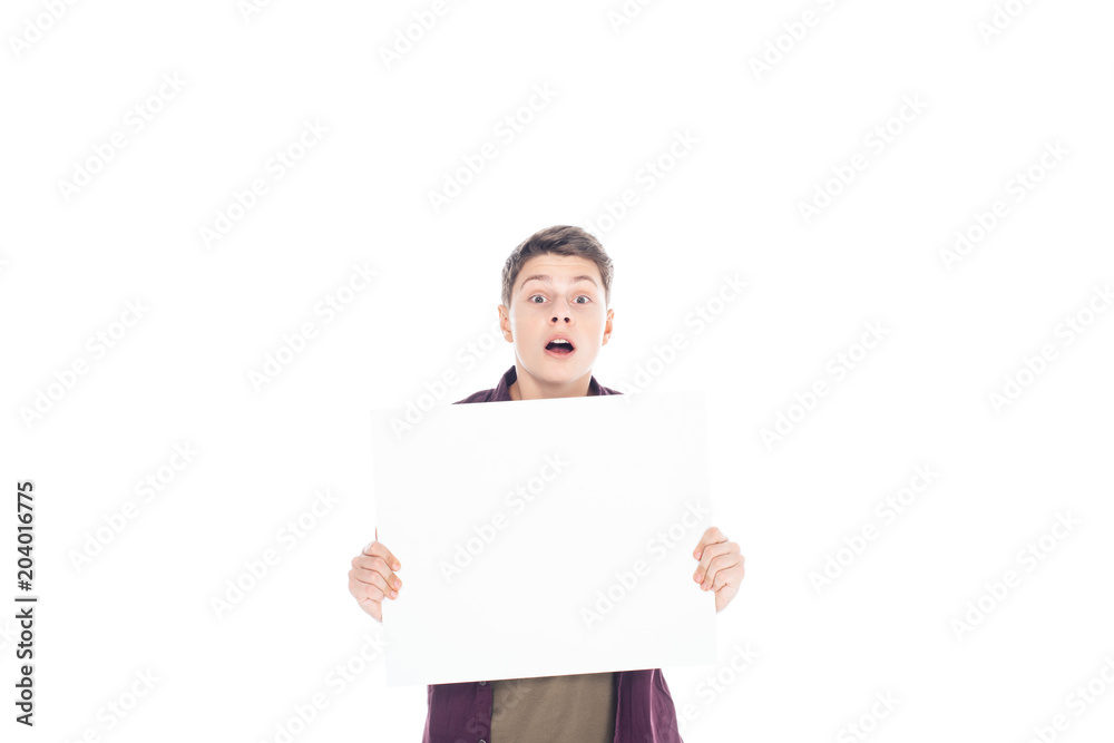 portrait of shocked teenager with empty banner in hands isolated on white portrait of shocked teenager with empty banner in hands isolated on white