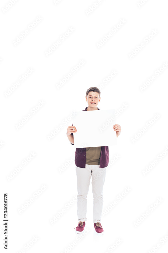 smiling teenager with empty banner in hands isolated on white