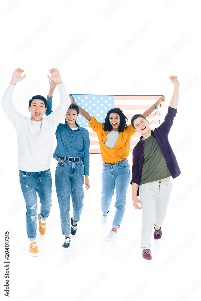 group of happy students with usa flag isolated on white group of happy students with usa flag isolated on white