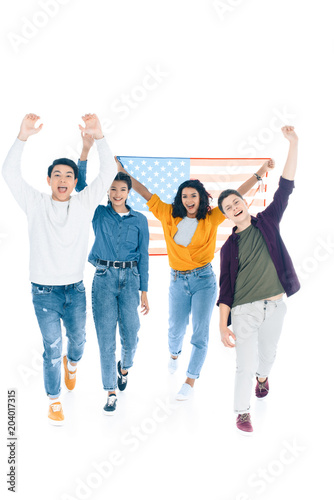 group of happy students with usa flag isolated on white