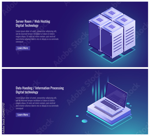 Isometric Server room rack, web hosting, cloud data storage, data handing, information processing, laptop digital technology vector illustration on ultraviolet background