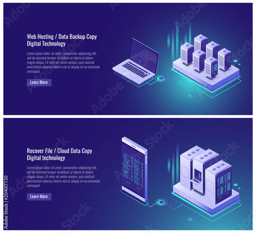 Web hosting, data backup copy, recover file concept, cloud data storage, digital technology, blockchain, server room, smartphone laptop isometric vector illustration on ultraviolet background