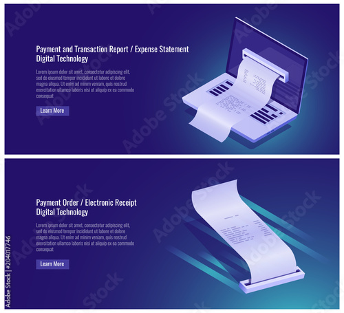 Payment and money transaction report, expense statement, pay order, electronic receipt, digital technology, laptop vector illustration on ultraviolet background