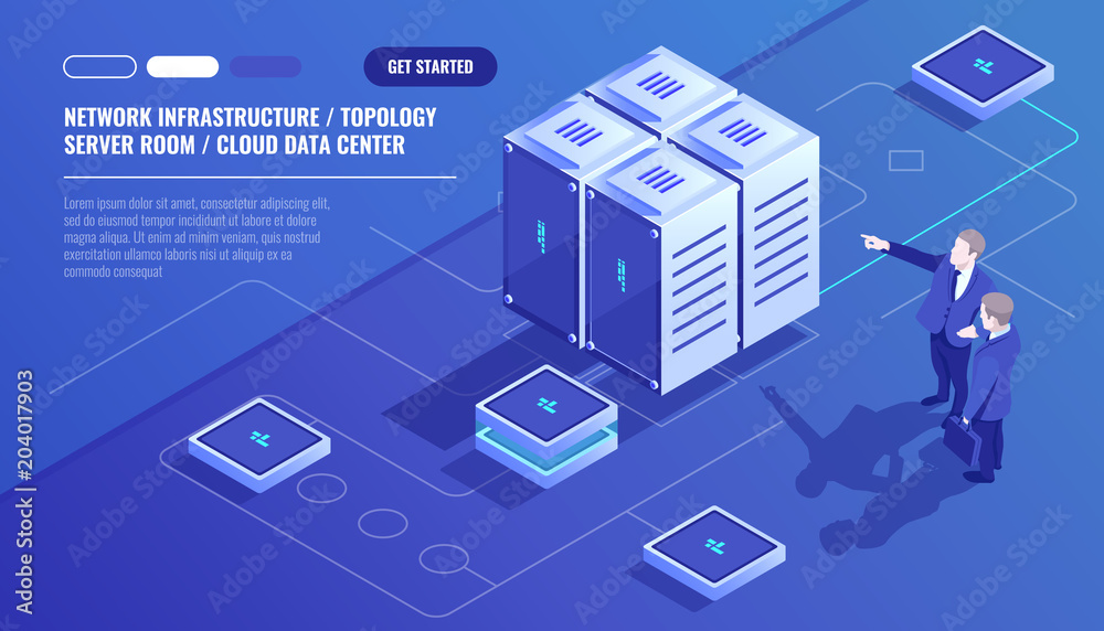 Network infrastructure, server room topology, cloud data center, two businessman, data analysis and statistics, server room rack isometric vector technology Network infrastructure, server room topology, cloud data center, two businessman, data analysis and statistics, server room rack isometric vector technology