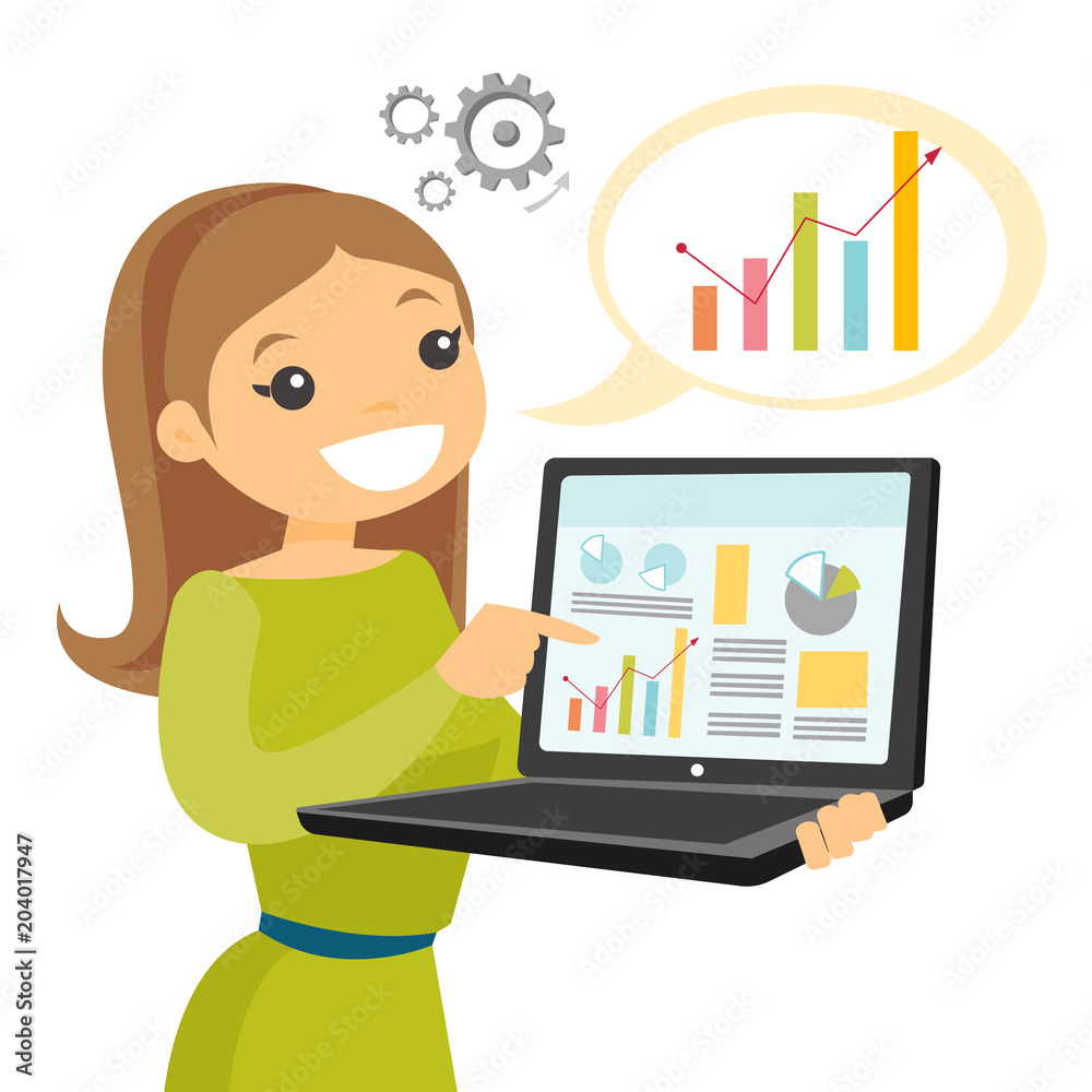 White woman showing charts on the laptop. Businesswoman presenting report with charts. Presentation concept. Vector cartoon illustration isolated on white background. White woman showing charts on the laptop. Businesswoman presenting report with charts. Presentation concept. Vector cartoon illustration isolated on white background.