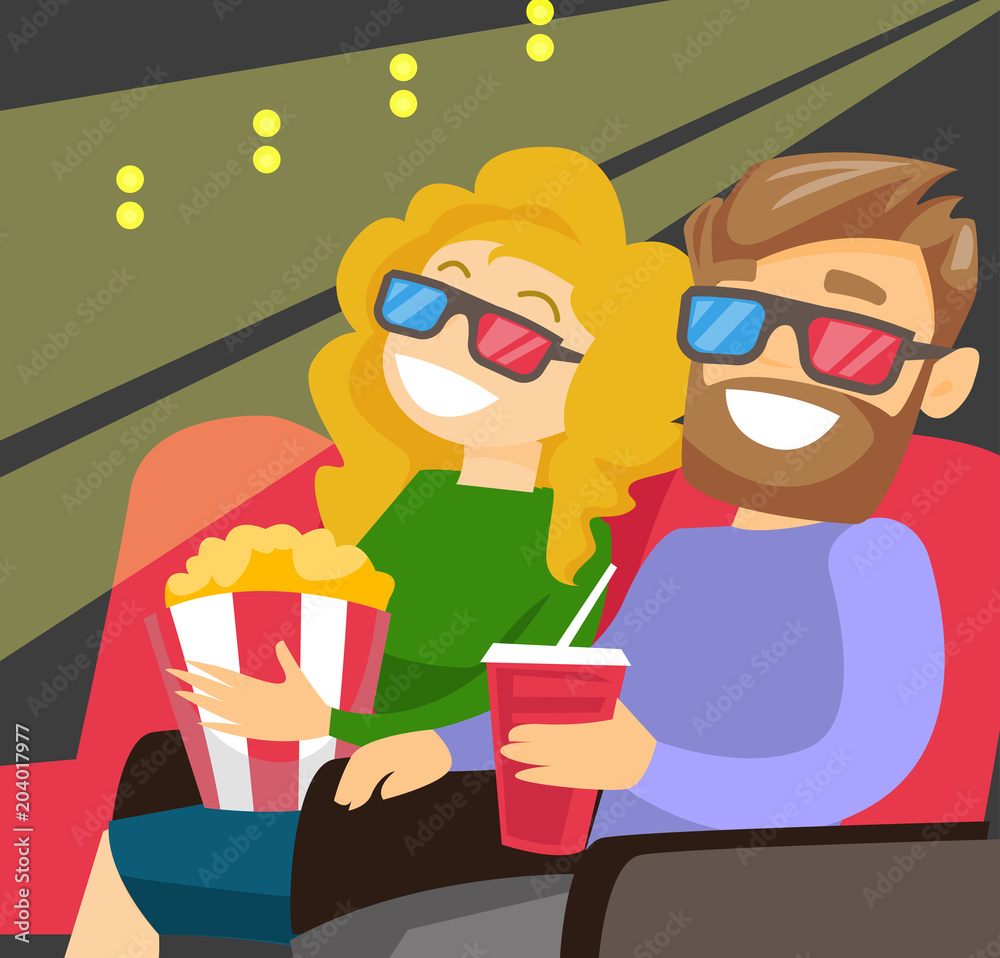 Caucasian couple watching three D movie. Young couple in 3d glasses watching movie with popcorn in the cinema. Vector cartoon illustration isolated on white background. Square layout. Stock Vector | Adobe Stock Caucasian couple watching three D movie. Young couple in 3d glasses watching movie with popcorn in the cinema. Vector cartoon illustration isolated on white background. Square layout. Stock Vector | Adobe Stock