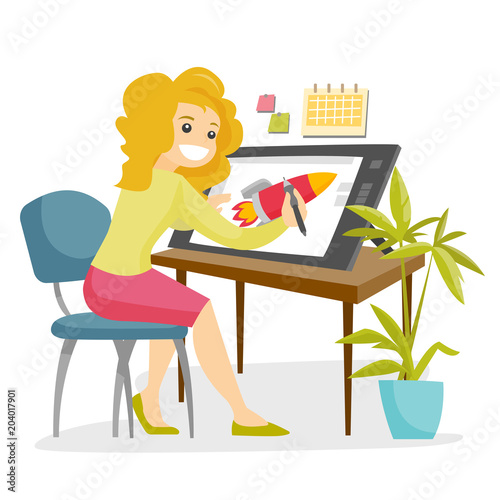 A white woman graphic designer or freelance artist works using a pen and touch screen at the office desk. Computer and web design concept. Vector cartoon illustration isolated on white background.