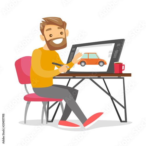 A white man graphic designer or freelance artist works using a pen and touch screen at the office desk. Computer and web design concept. Vector cartoon illustration isolated on white background.