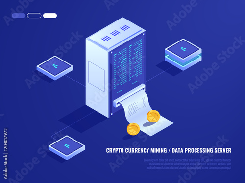 Data center, mining crypto currency hardware, server room, coin, computer processing power, database isometric 3d vector