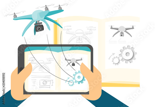A man uses augmented reality on a tablet with flying drone