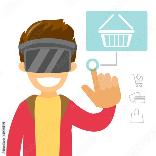 A white man in virtual reality headset doing online shopping. Concept of virtual reality technology, technology development and ecommerce. Vector cartoon illustration isolated on white background.
