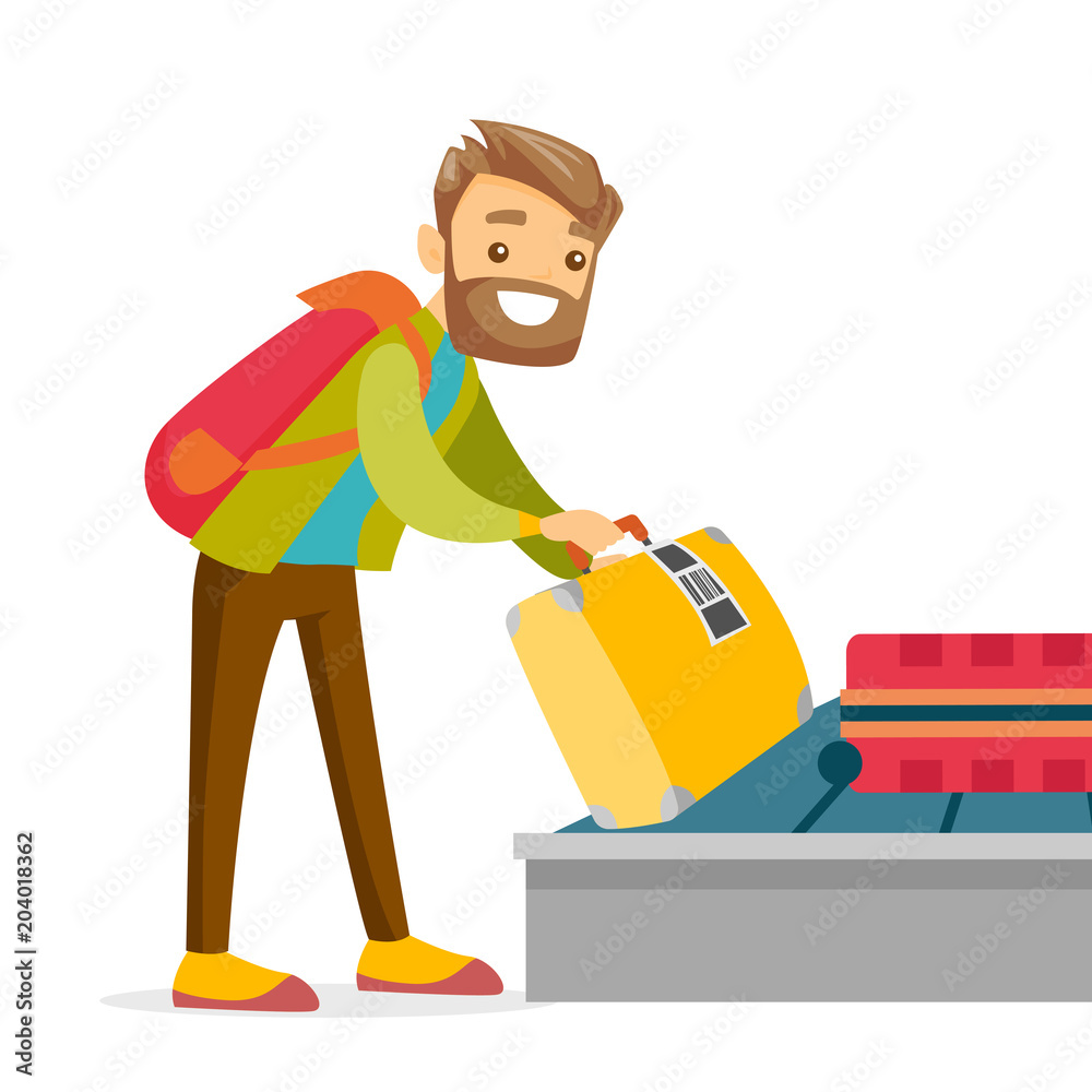 A white man taking his case from a luggage carousel in baggage claim of the  airport. Baggage allowance, travel and transportation concept. Vector  cartoon illustration isolated on white background. Stock Vector |