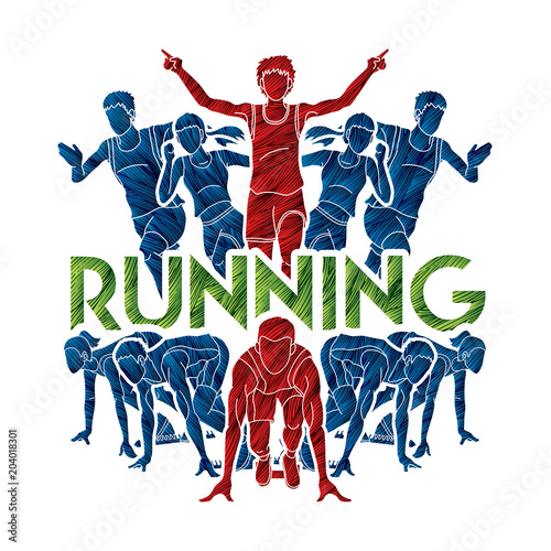 People run, Runner ,Marathon running, Team work running, Group of people running with text running graphic vector. 