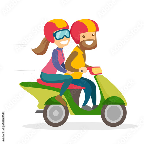 A white man and a woman in helmets driving a motorcycle. A scooter as a mean of transport. City transportation concept. Vector cartoon illustration isolated on white background.
