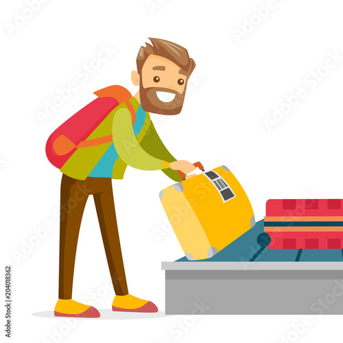 A white man taking his case from a luggage carousel in baggage claim of the airport. Baggage allowance, travel and transportation concept. Vector cartoon illustration isolated on white background.