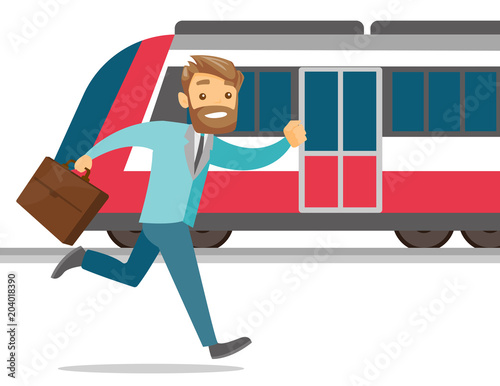 A white man with a briefcase trying to catch a missing train at the train station or subway platform. City transport concept. Vector cartoon illustration isolated on white background.