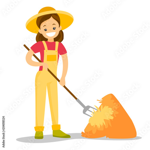 A white happy woman with a pitchfork and a haystack on a farm field in big hat. Farming, country, agriculture and gardening concept. Vector cartoon illustration isolated on white background.