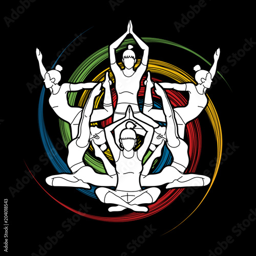 Yoga Class, Group of women practice yoga designed on spin wheel background graphic vector.