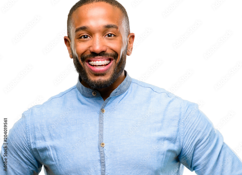 African american man with beard happy and surprised cheering expressing wow gesture isolated over white background African american man with beard happy and surprised cheering expressing wow gesture isolated over white background