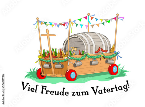 Grußkarte zum Vatertag,
Geschmückter Bollerwagen mit Bierfass, Bierflaschen und Bratwurst,
Vektor Illustration isoliert auf weißem Hintergrund

