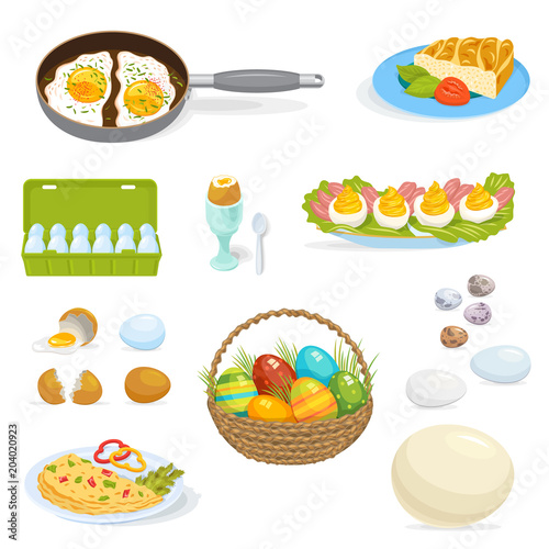 Eggs vector healthy food for breakfast omelet with eggwhite and eggyolk in egg-shell ingredients illustration set of egg-shaped easter symbol isolated on white background