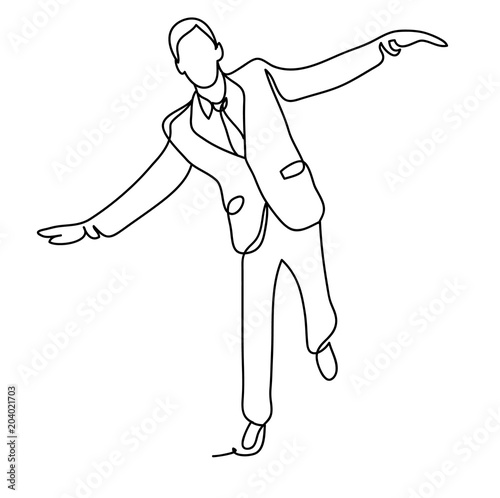The joy of success. Businessman in suit happily runs. Business concept illustration. Continuous line drawing. Isolated on the white background. Vector illustration monochrome