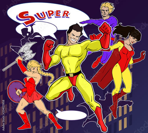 Bright and colorful cartoon set of funny and awesome team of amazing super characters in cool costumes 