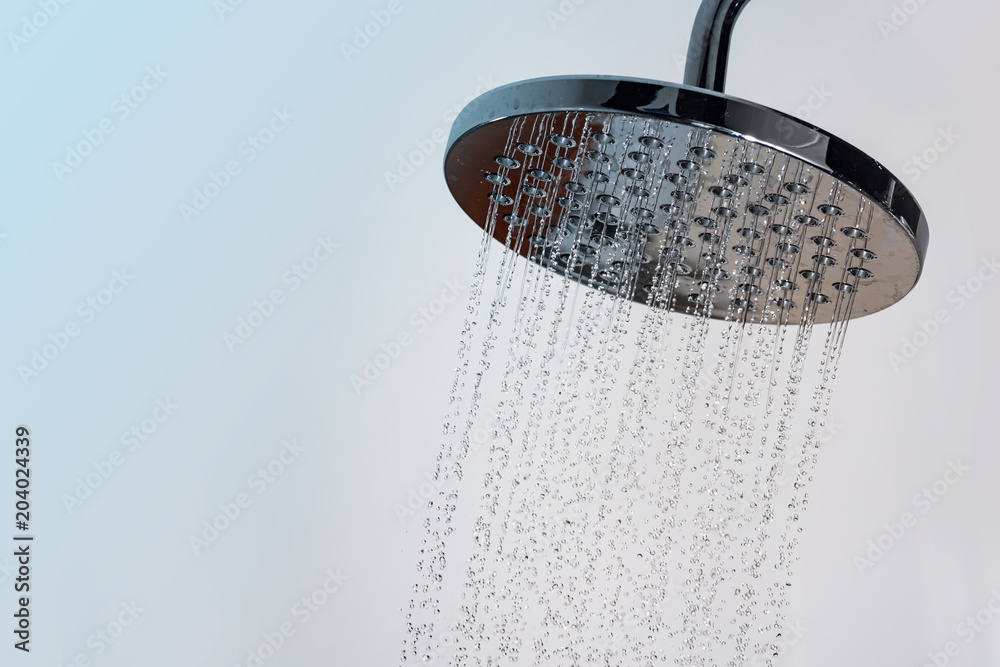Close up of Water flowing from shower in the bathroom - obrazy, fototapety, plakaty 