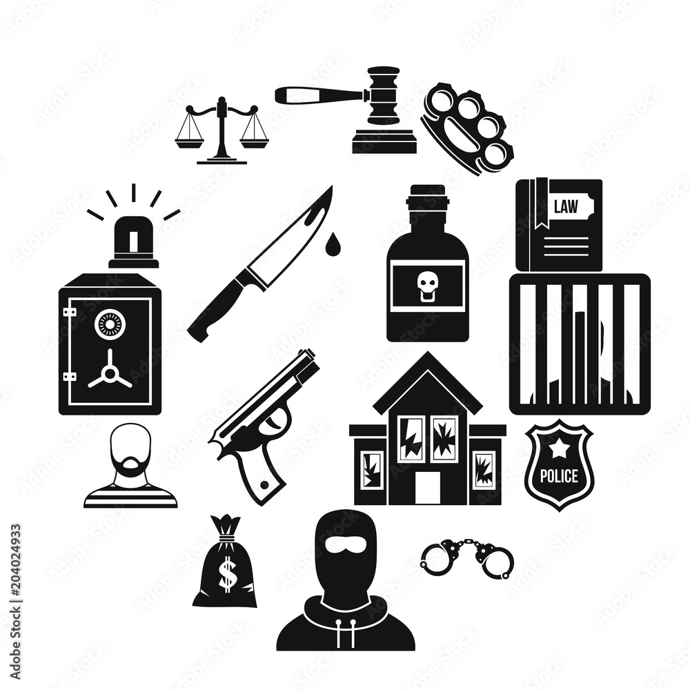 Crime and punishment icons set, simple style
