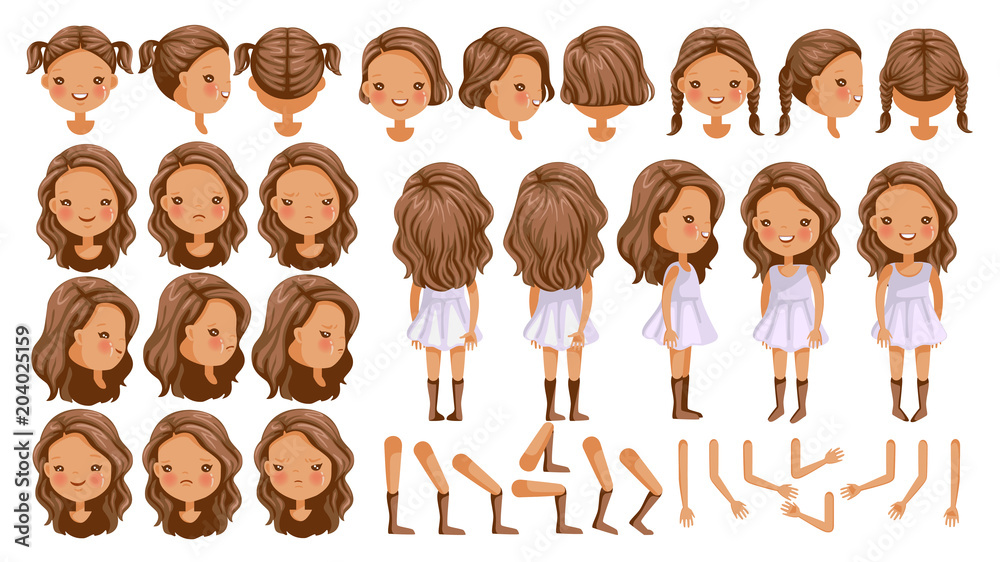 Little girls character creation set. Icons with different types of faces  and hair style, emotions of Smile, laugh, sad, angry, front, rear, side  view of female person. Moving arms, legs. Vector Stock