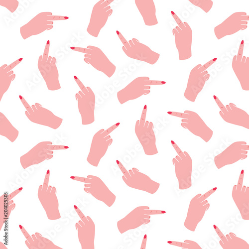Hand drawn vector illustration of woman hand showing middle finger up pattern.
