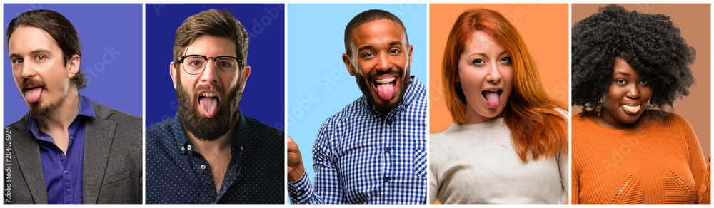 Group of cool people, woman and man looking at camera showing tong and making victory sign with fingers Group of cool people, woman and man looking at camera showing tong and making victory sign with fingers