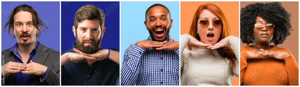 Fototapeta premium Group of cool people, woman and man happy and surprised cheering expressing wow gesture