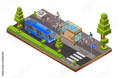 Vector isometric bus stop cross section. 3d city glass station with parked bicycles, cyclists, bus vehicle, pedestrian crosswalk, garbage can, trees. Illustration with modern urban landscape design