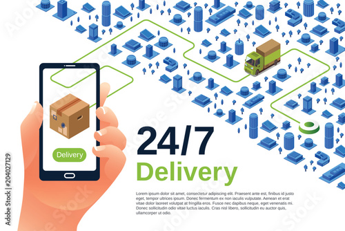 Delivery service vector illustration of isometric logistics poster for advertising design template. 24 7 delivery truck and smartphone application for parcel shipment tracking map