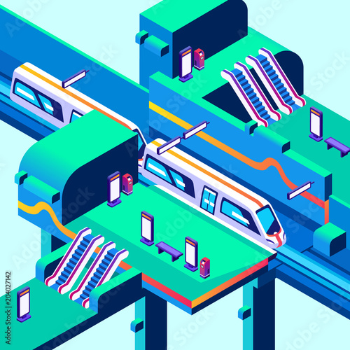 Metro train station vector illustration of isometric plan of underground or subway railway station with passenger platform and exit escalator stairs layout in cross section.