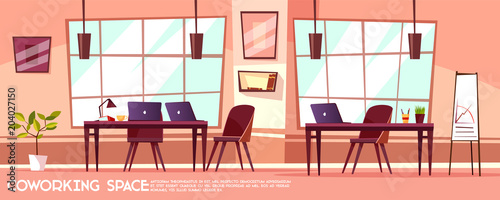 Vector cartoon office room, coworking with workplaces. Business or meeting room interior background design template with furniture, laptops on tables whiteboard.
