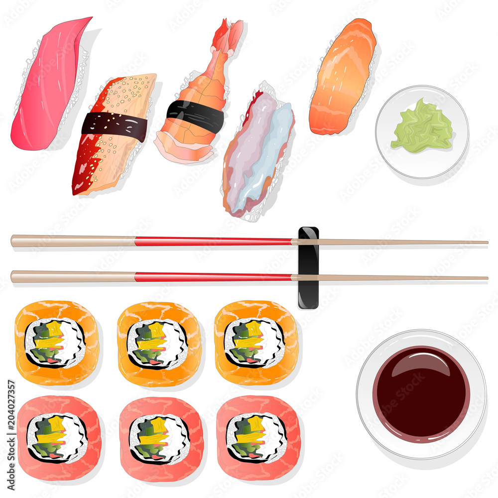 Nigiri Sushi illustration on white background. Top view. Nigiri Sushi illustration on white background. Top view.