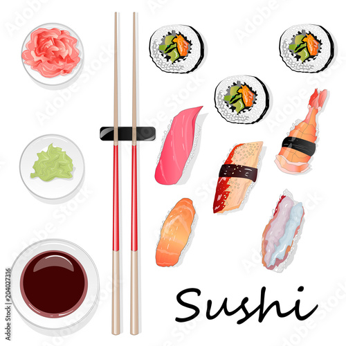 Nigiri Sushi illustration on white background.  Top view.