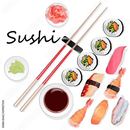 Nigiri Sushi illustration on white background.  Top view.