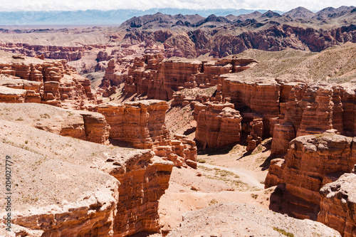 Charyn Canyon top view - geological formation consists of amazing big red sand stone. Charyn National Park. Kazakhstan.
