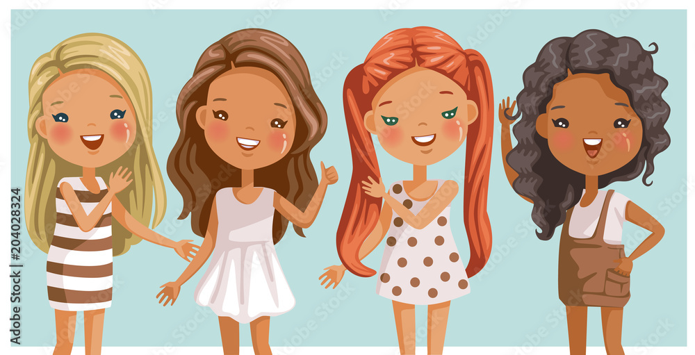 Cute little girls long hair. Beautiful and trendy. Hairstyles are  different. Of color and style Blonde,red,brown,black,straight hair,curly  hair. Girls in four dresses. Gently standing teenage stance. Stock Vector |  Adobe Stock