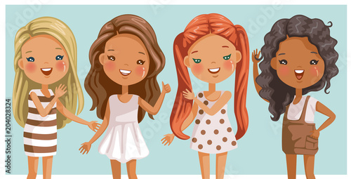 Cute little girls long hair. Beautiful and trendy. Hairstyles are different.  Of color and style Blonde,red,brown,black,straight hair,curly hair. Girls in four dresses. Gently standing teenage stance.