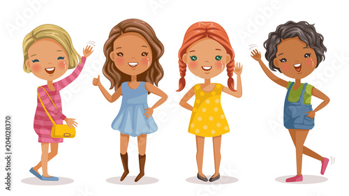 Little girls Full length of cute girls in dress standing and posing. Beautiful fashion  of girls group. Smile and waving friendly. Vector cartoon illustrations isolated on white background. photo